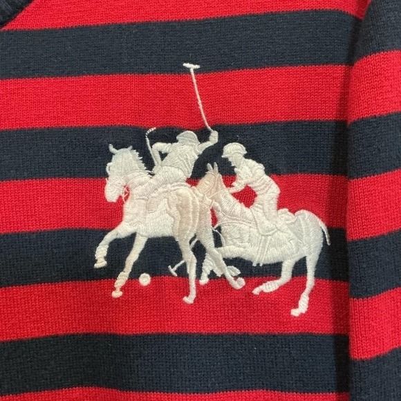 Ralph Lauren Polo Vintage Rugby Stripe V-Neck Sweater XL Big Pony Patch Red Navy - Picture 3 of 5